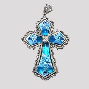 Vintage Alan K Murano Glass Millefiori Sterling Silver Italian Cross Pendant
